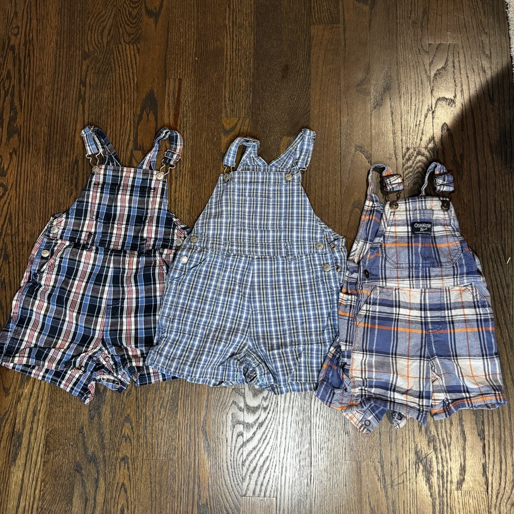 💙🧸Bundle of 3 Plaid Kids Overalls Set 18-24M